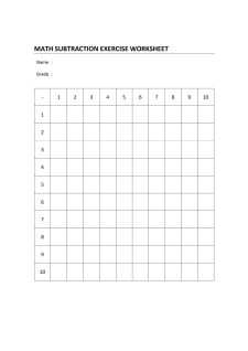 Example of Math Subtraction Table Worksheet Template