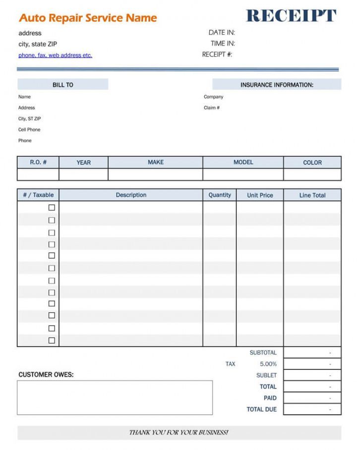 Example of Mechanic Shop Receipt Template