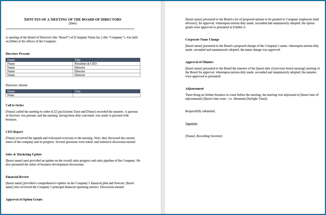 Example of Meeting Minutes Template