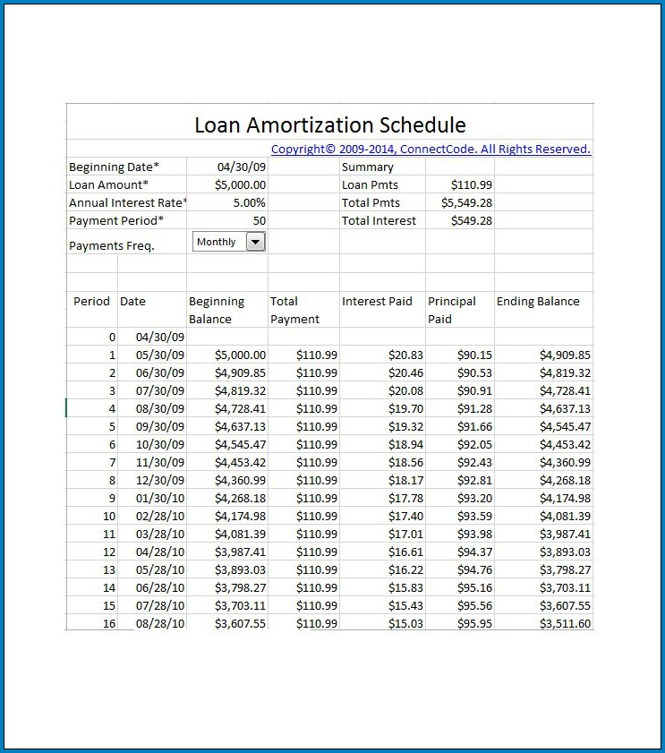 Example of Monthly Amortization Schedule Template