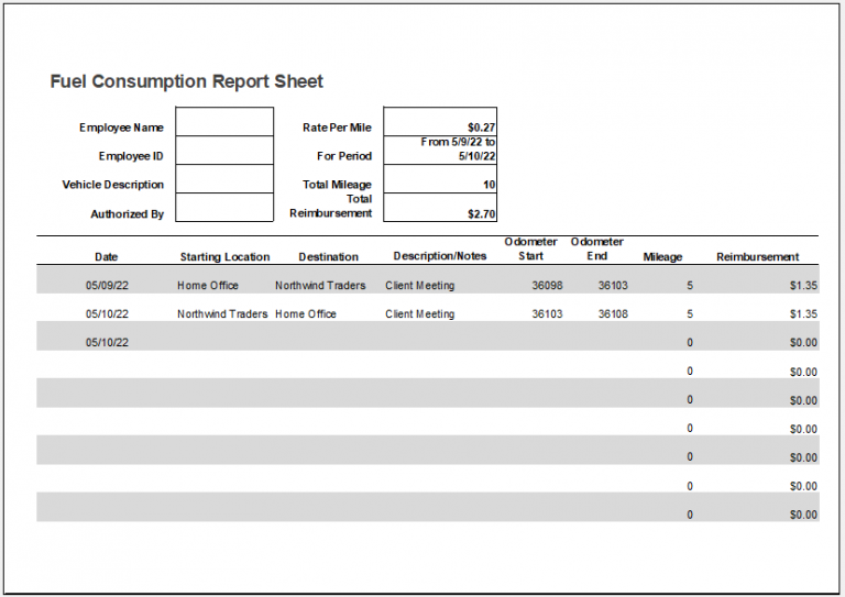 Example of Monthly Fuel Consumption Worksheet Template