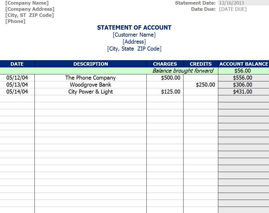 Example of Monthly Statement of Account Template