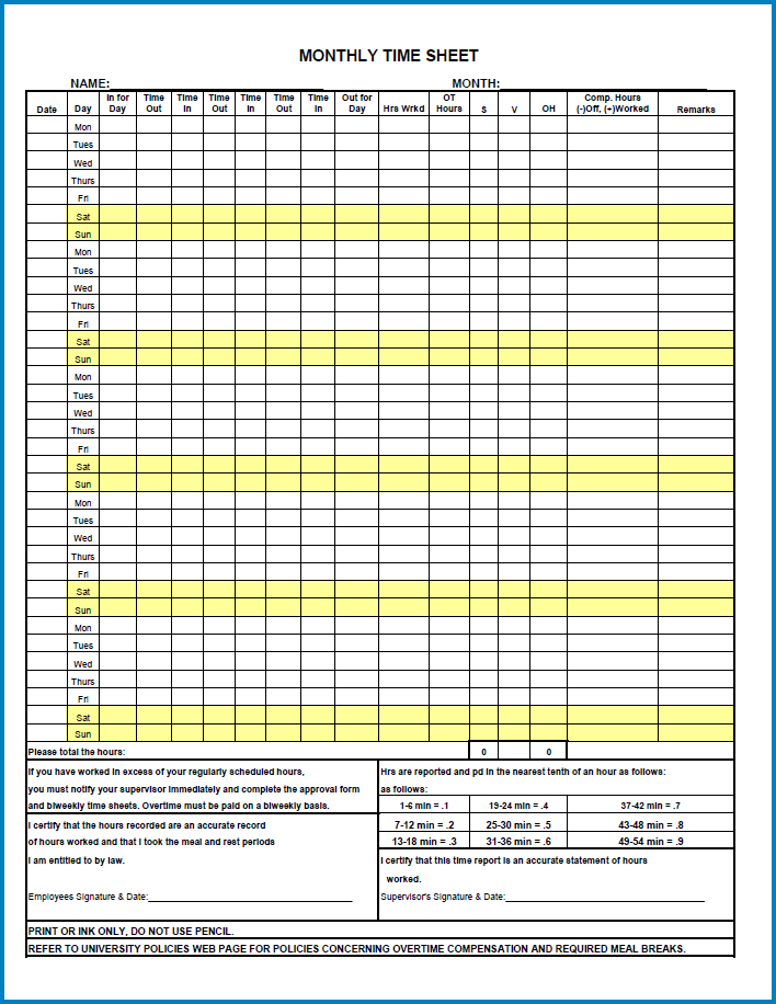 Example of Monthly Timesheet Template Excel