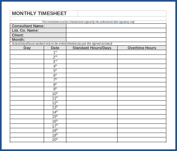 Example of Monthly Timesheet Template Word