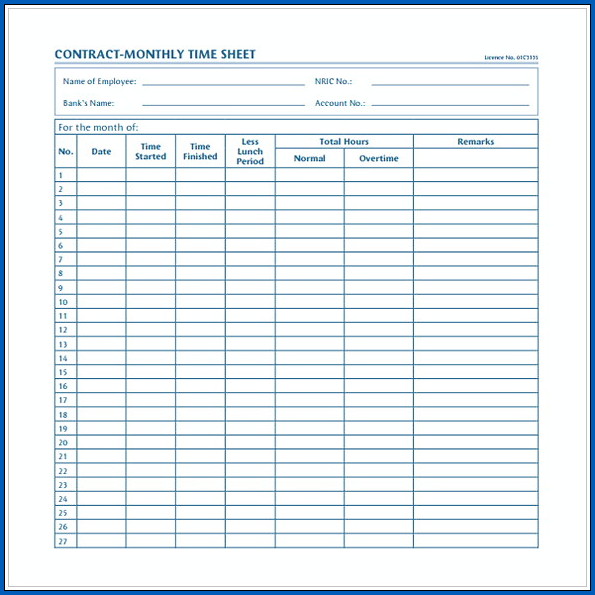 Example of Monthly Timesheet Template