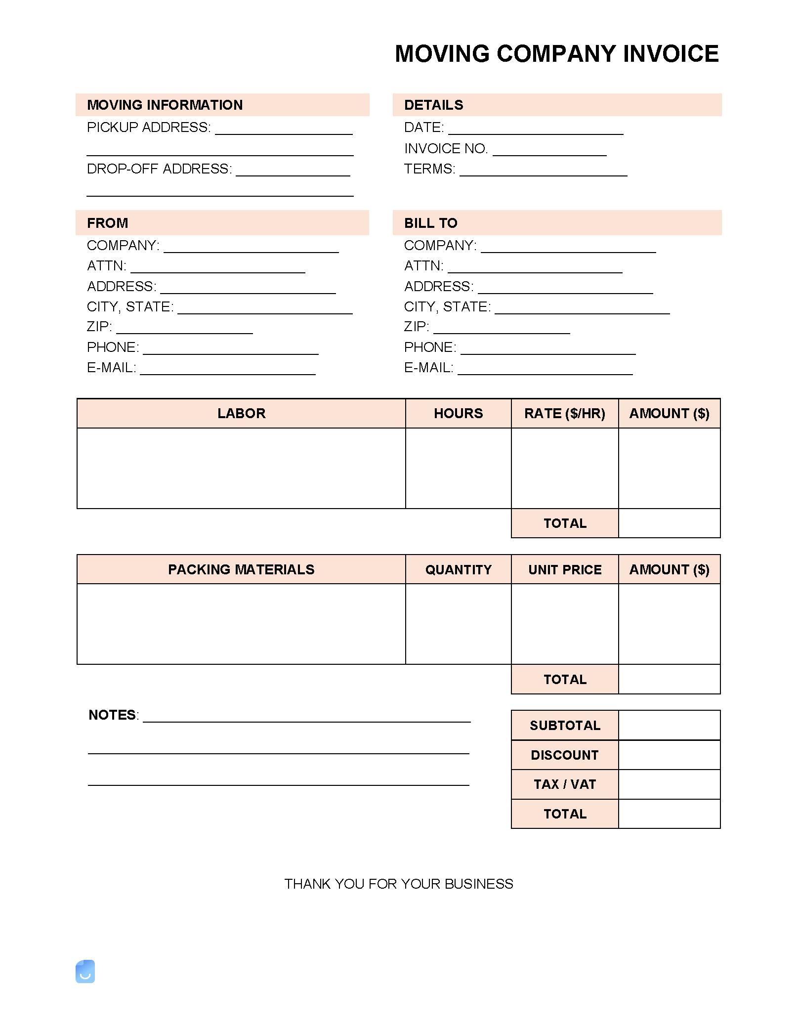 Example of Moving Company Receipt Template