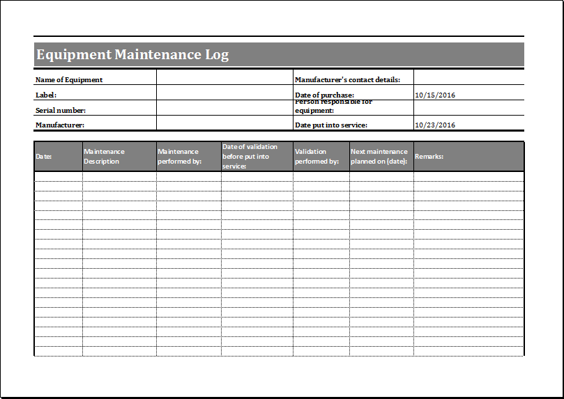 Example of Office Maintenance Log Template