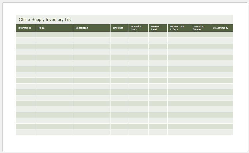 Example of Office Supply Inventory List Template