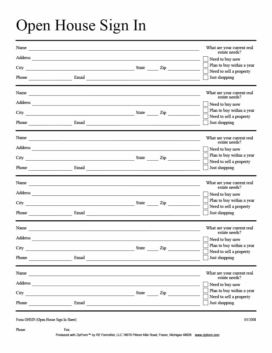 Example of Open House Sign in Sheet Template