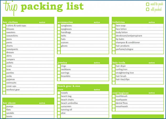 √ Free Printable Packing List Template