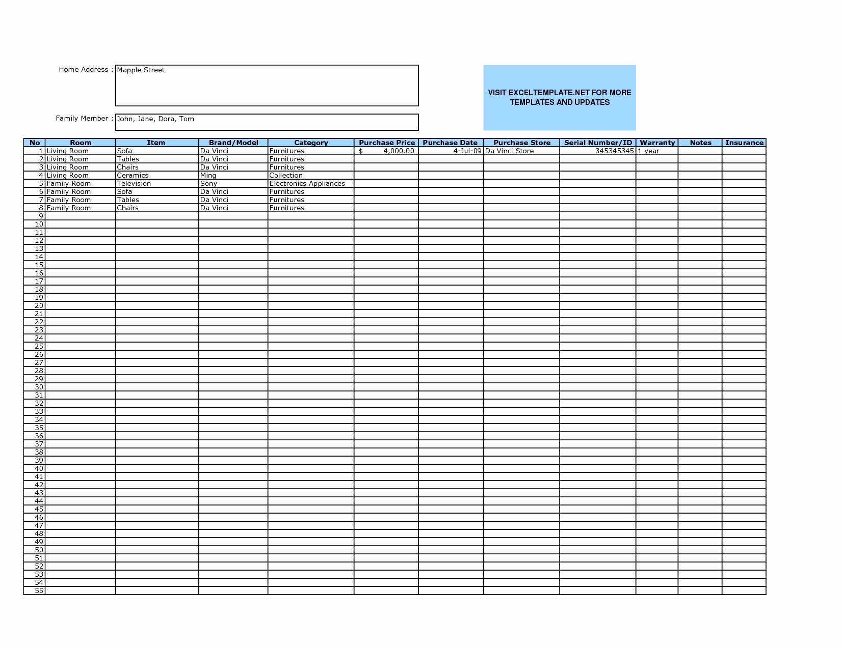 Example of Parts Inventory Spreadsheet Template