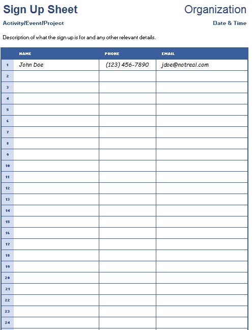 Example of Picnic Sign Up Sheet Template