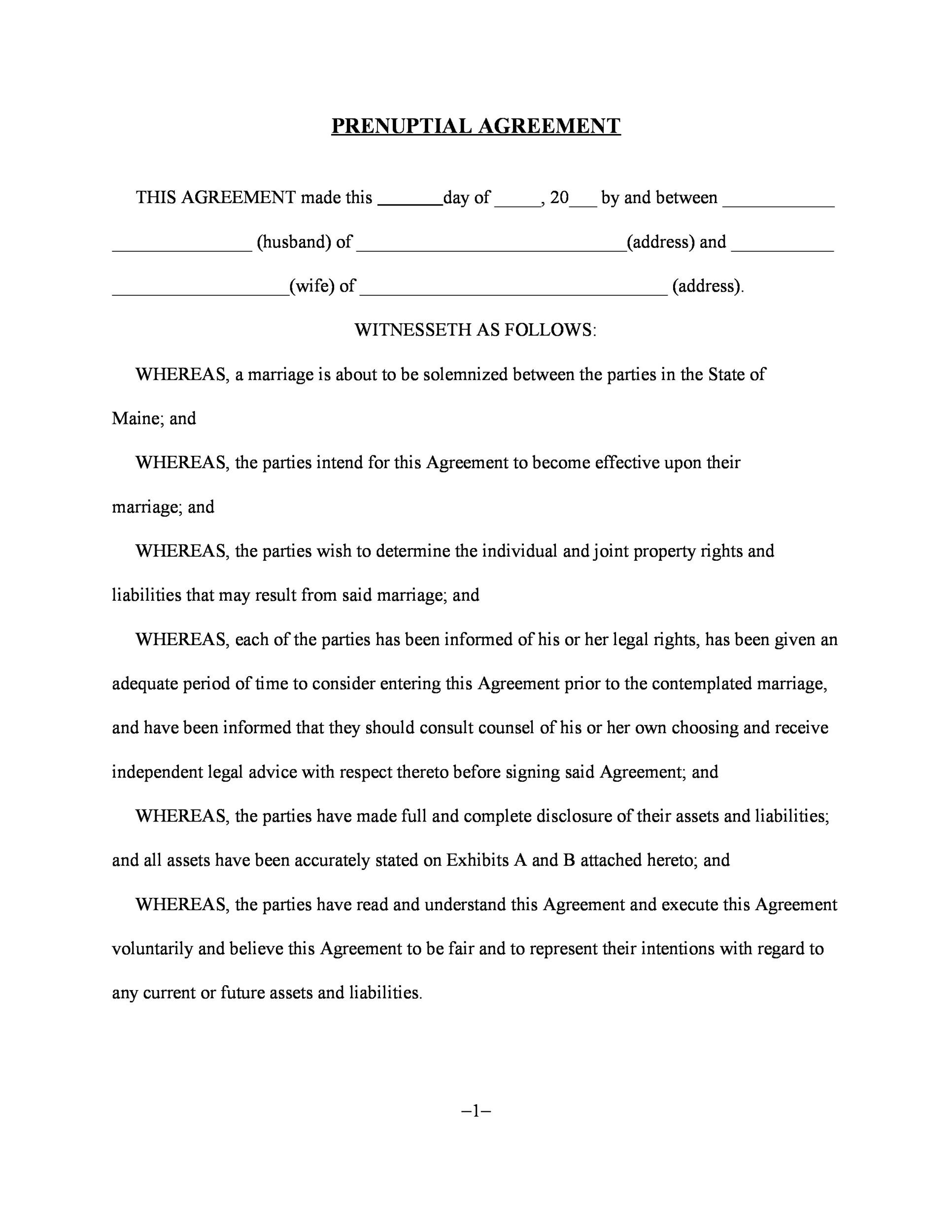 Example of Prenuptial Agreement Template