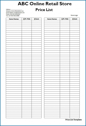 √ Free Printable Price List Template