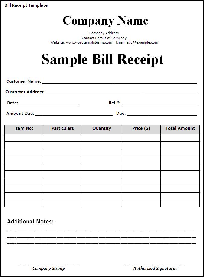 Example of Printable Bill Receipt Template