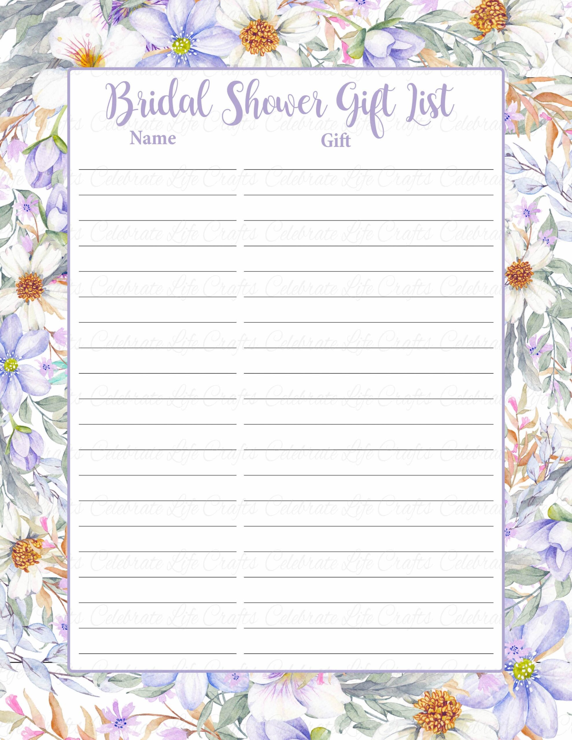 Example of Printable Bridal Shower Guest List Template