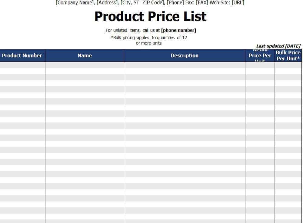 Example of Printable Business Price List Template