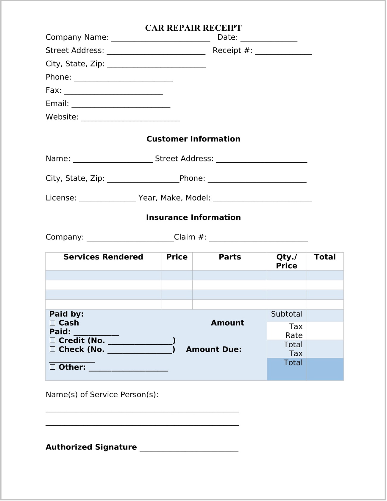 Example of Printable Car Repair Receipt Template