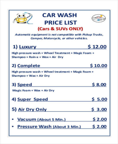 √ Printable Car Wash Price List Template