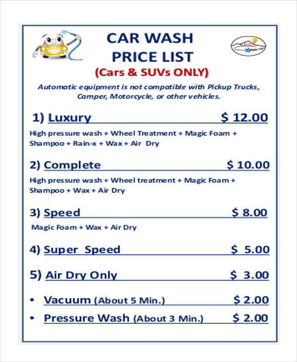 Example of Printable Car Wash Price List Template