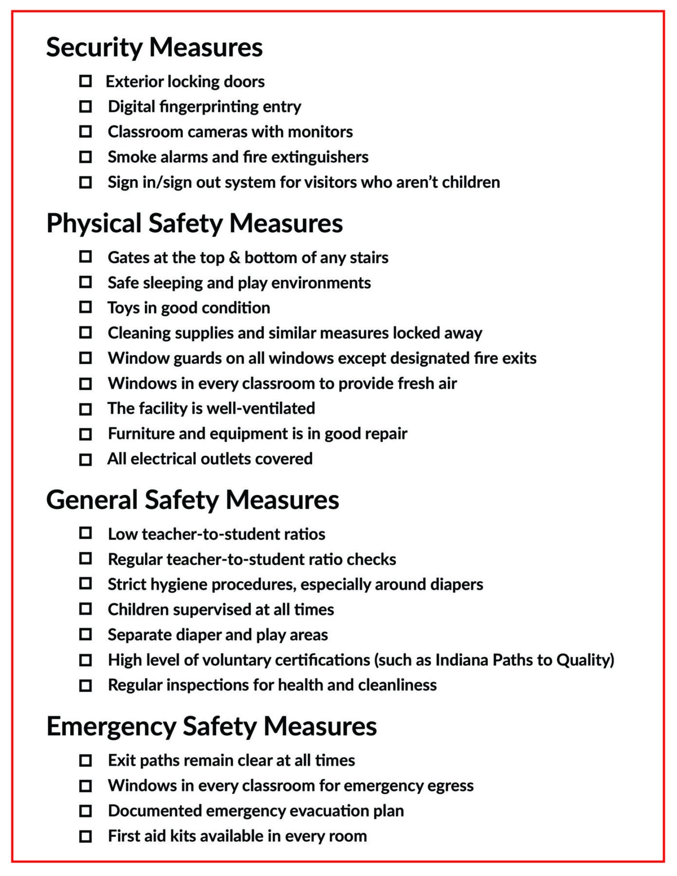 Example of Printable Children Safety Checklist Template