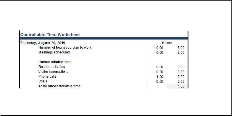 Example of Printable Controllable Time Worksheet Template