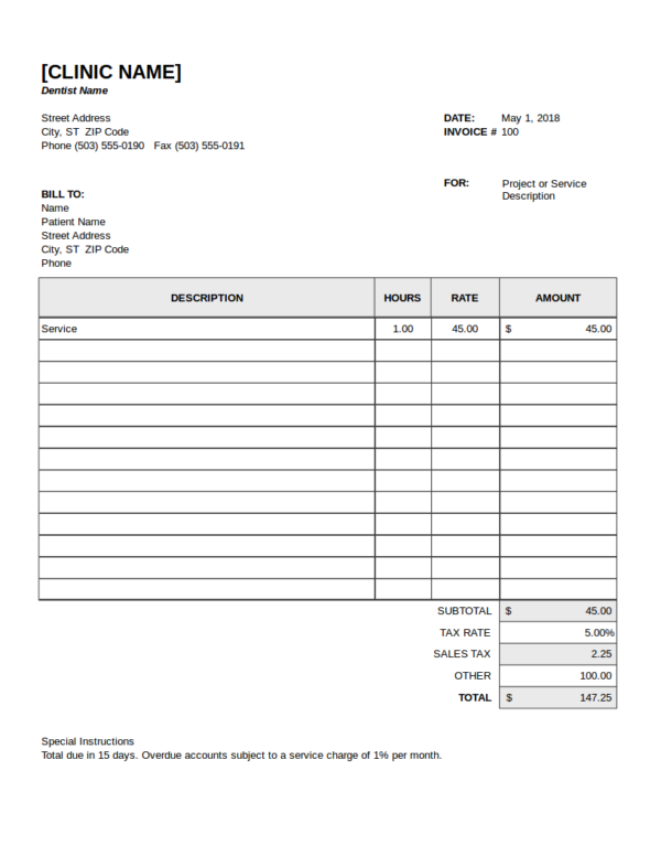 Example of Printable Dental Receipt Template