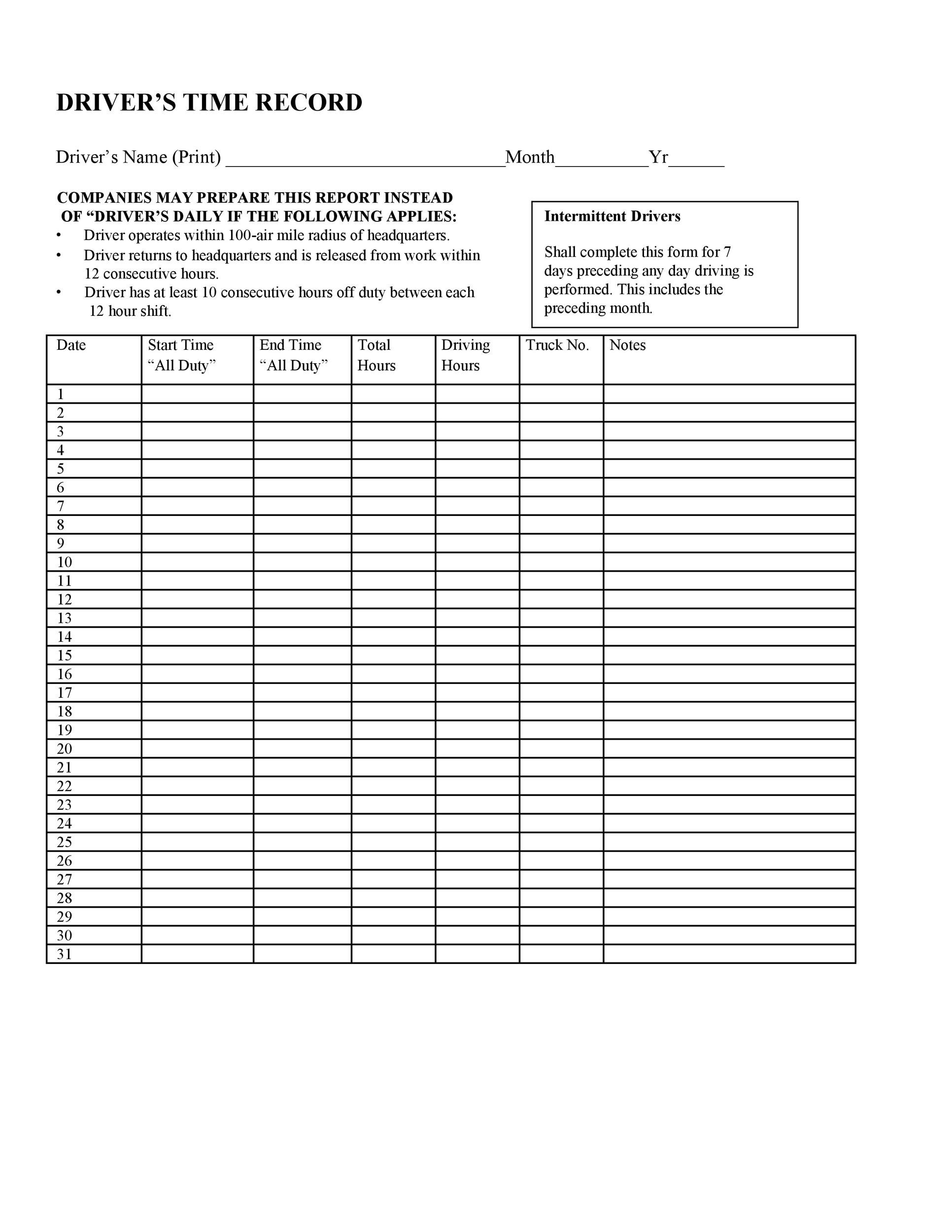 Example of Printable Driver Log Template