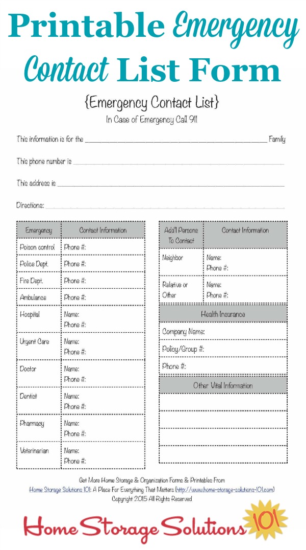 Example of Printable Emergency Contact List Template