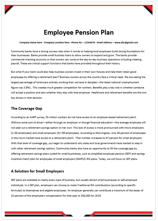 Example of Printable Employee Pension Plan Template