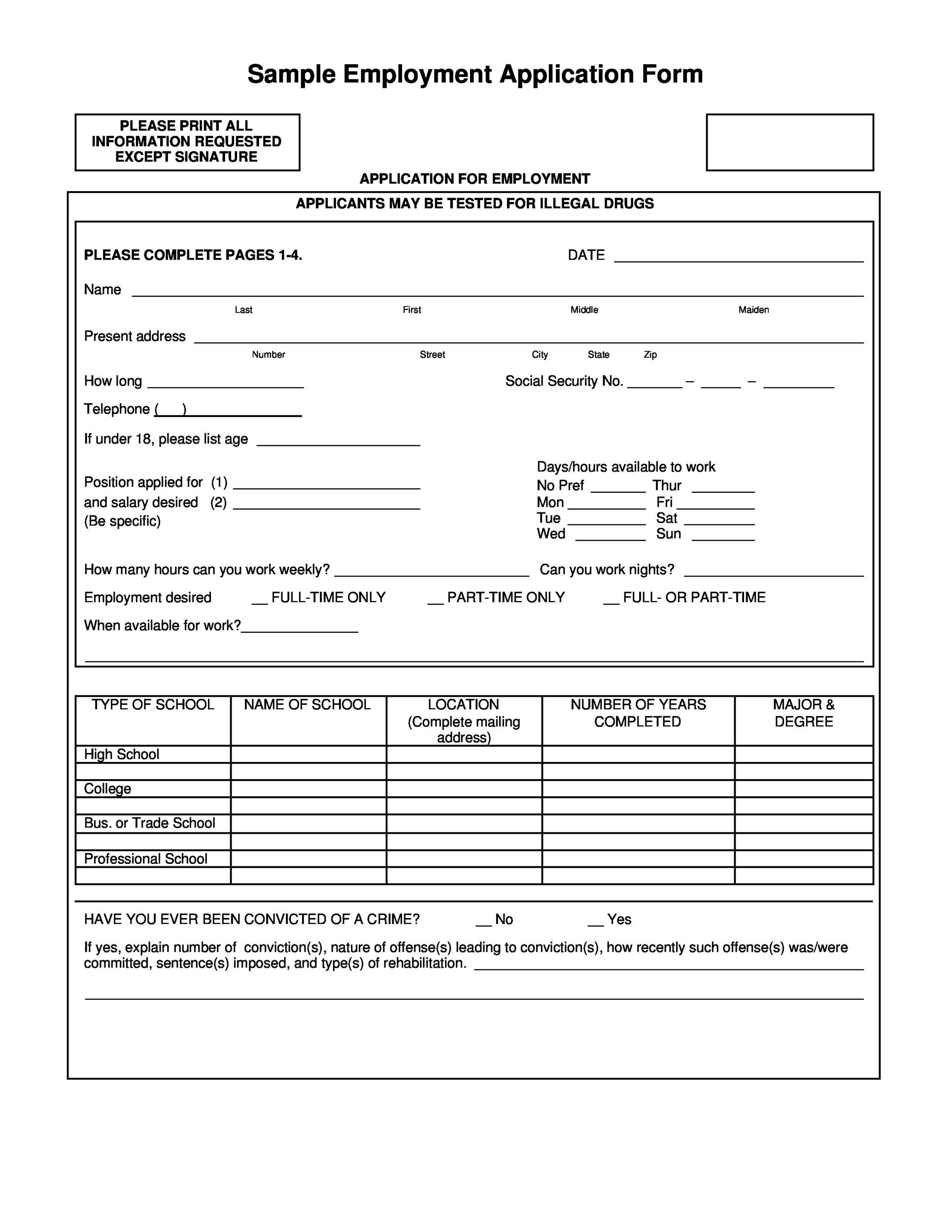 Example of Printable Employment Application Template