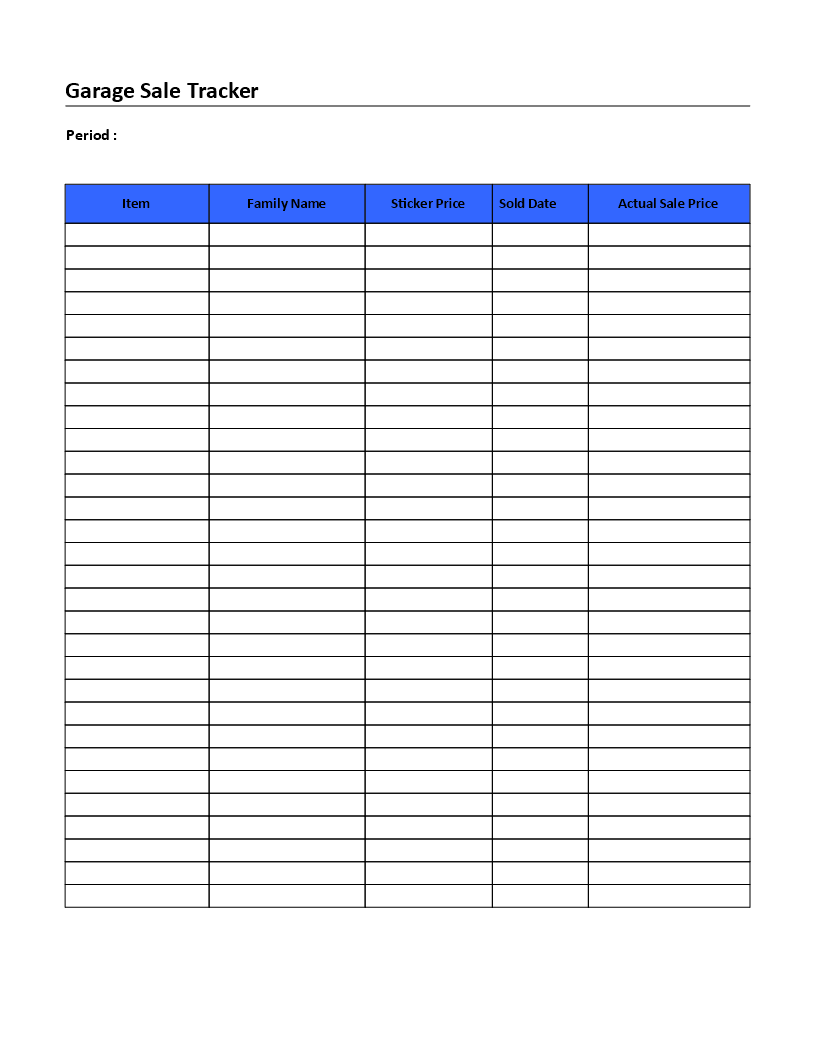 Example of Printable Garage Sale Tracker Template