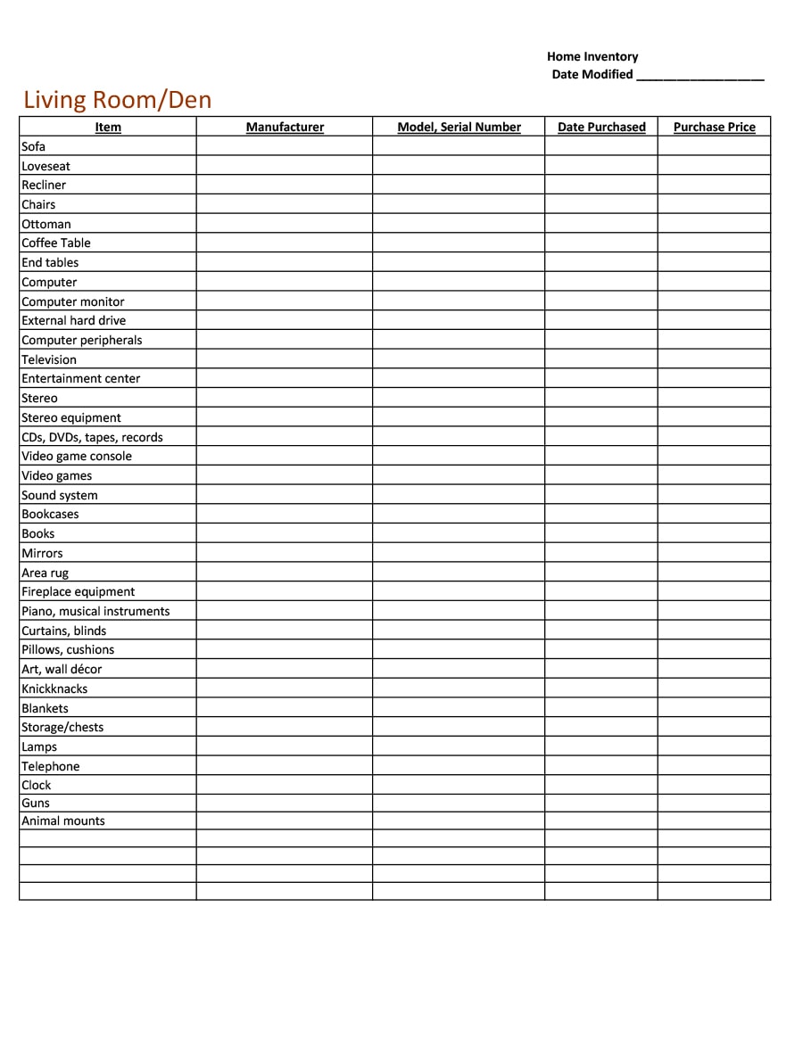 Example of Printable Home Inventory Template