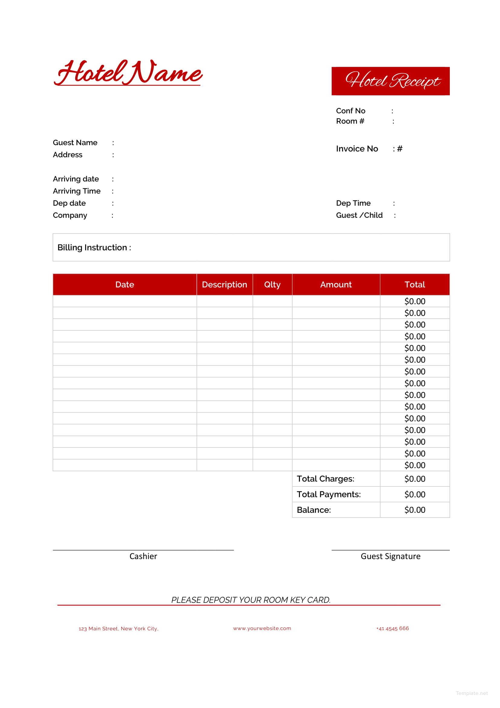 Example of Printable Hotel Receipt Template