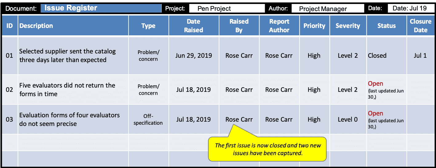 Example of Printable Issue Management Log Template