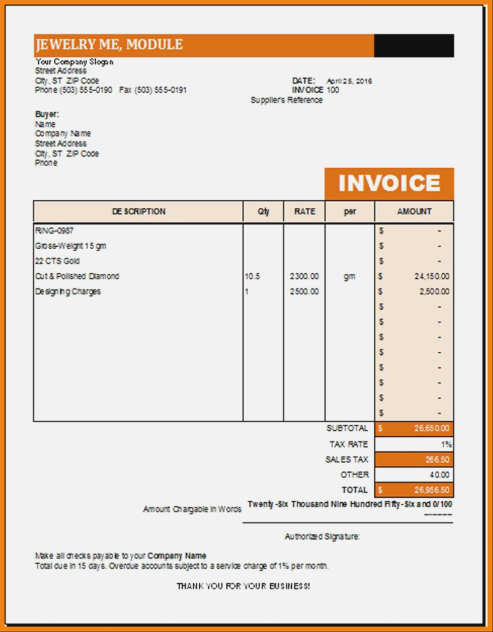 Example of Printable Jewelry Receipt Template