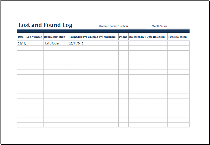 Example of Printable Lost And Found Log Template