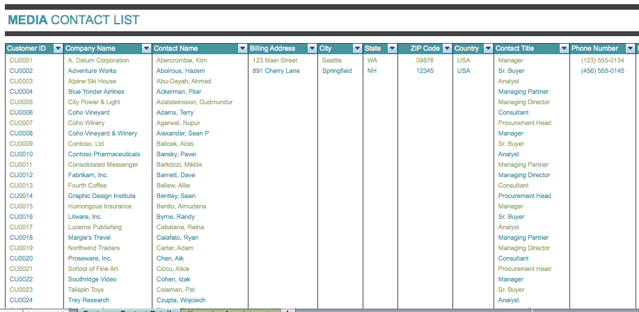 Example of Printable Media Contact List Template