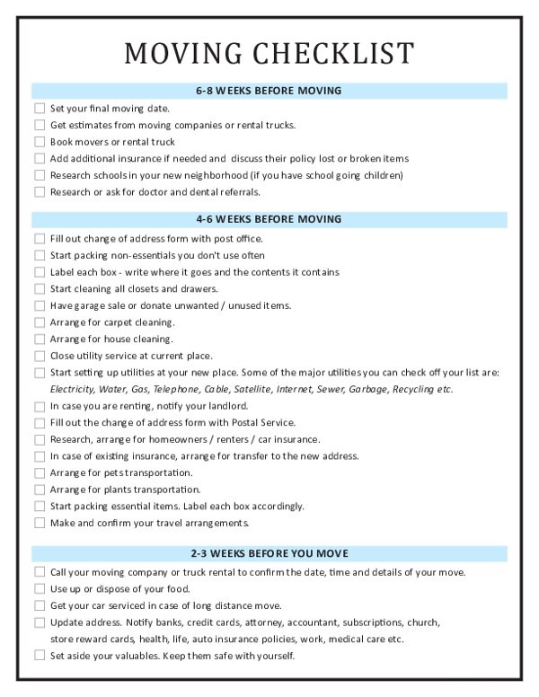 Example of Printable Move in Checklist Template