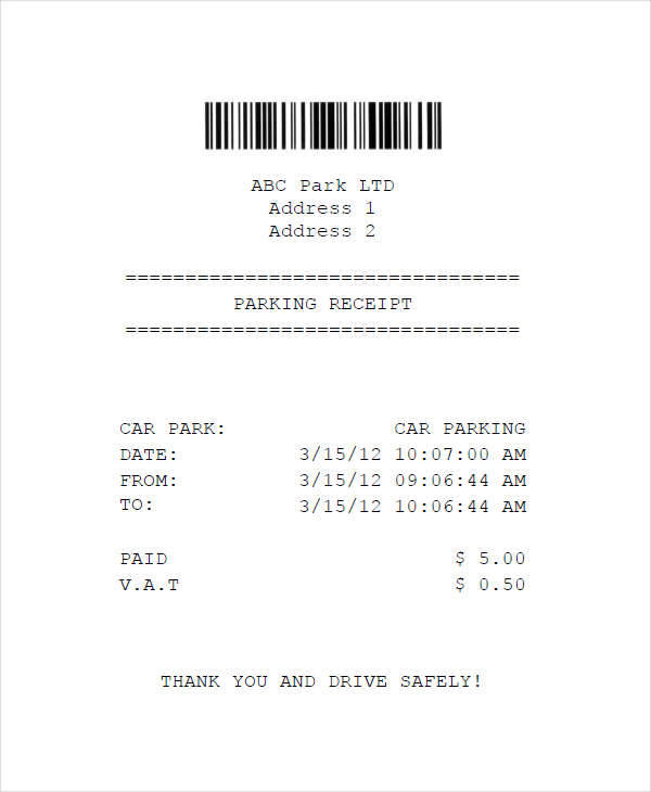 Example of Printable Parking Receipt Template