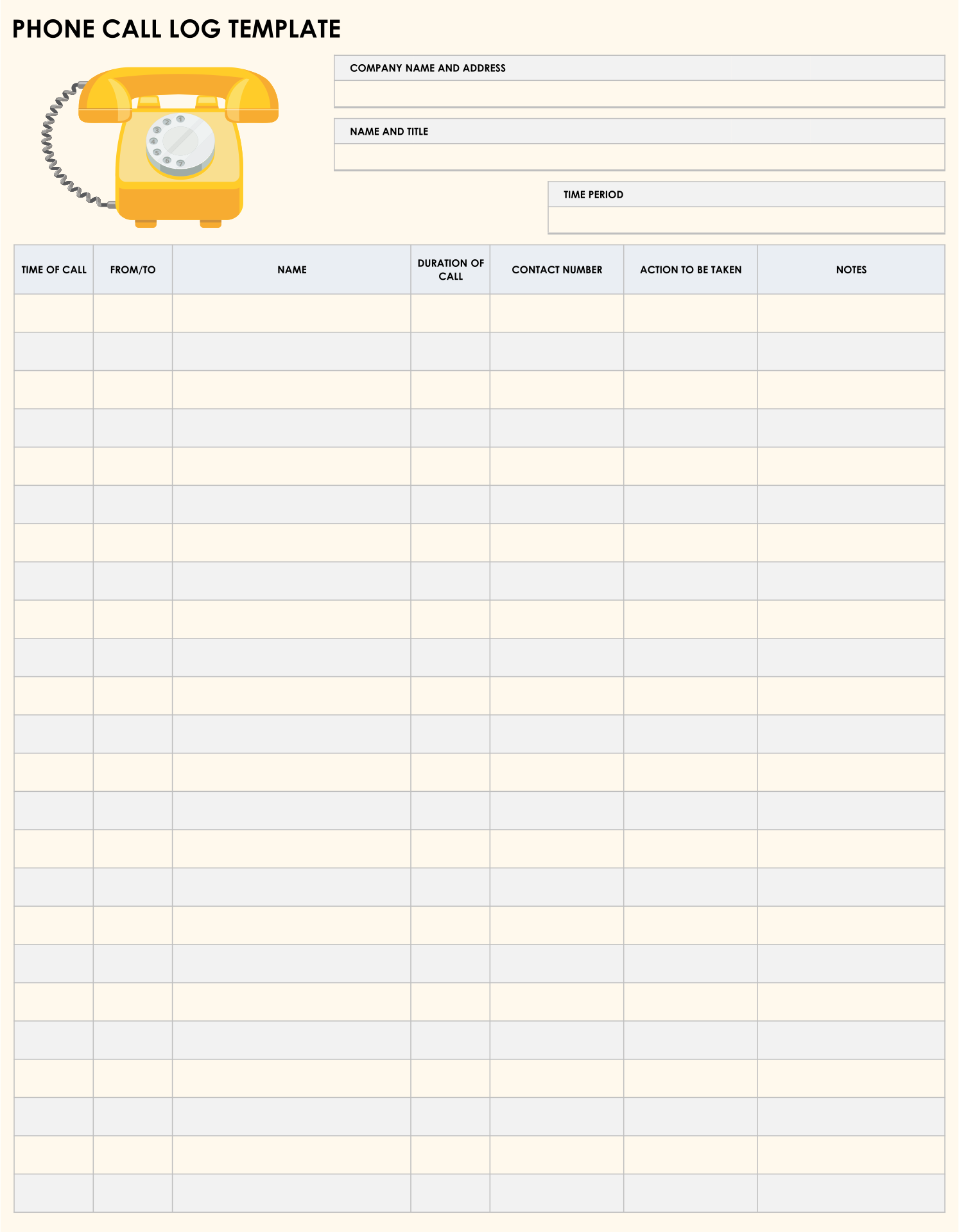 Example of Printable Phone Call Log Template