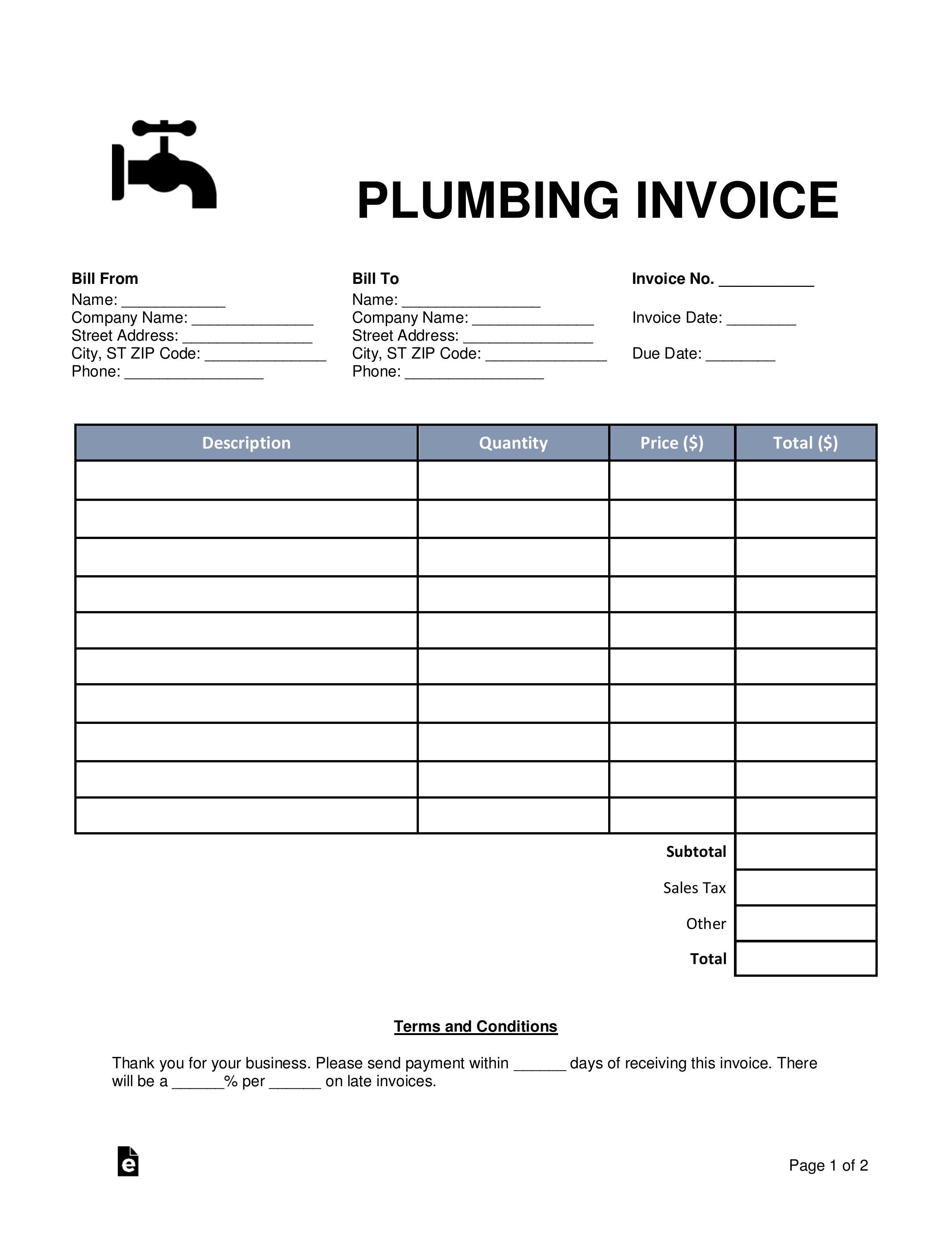 Example of Printable Plumbing Receipt Template