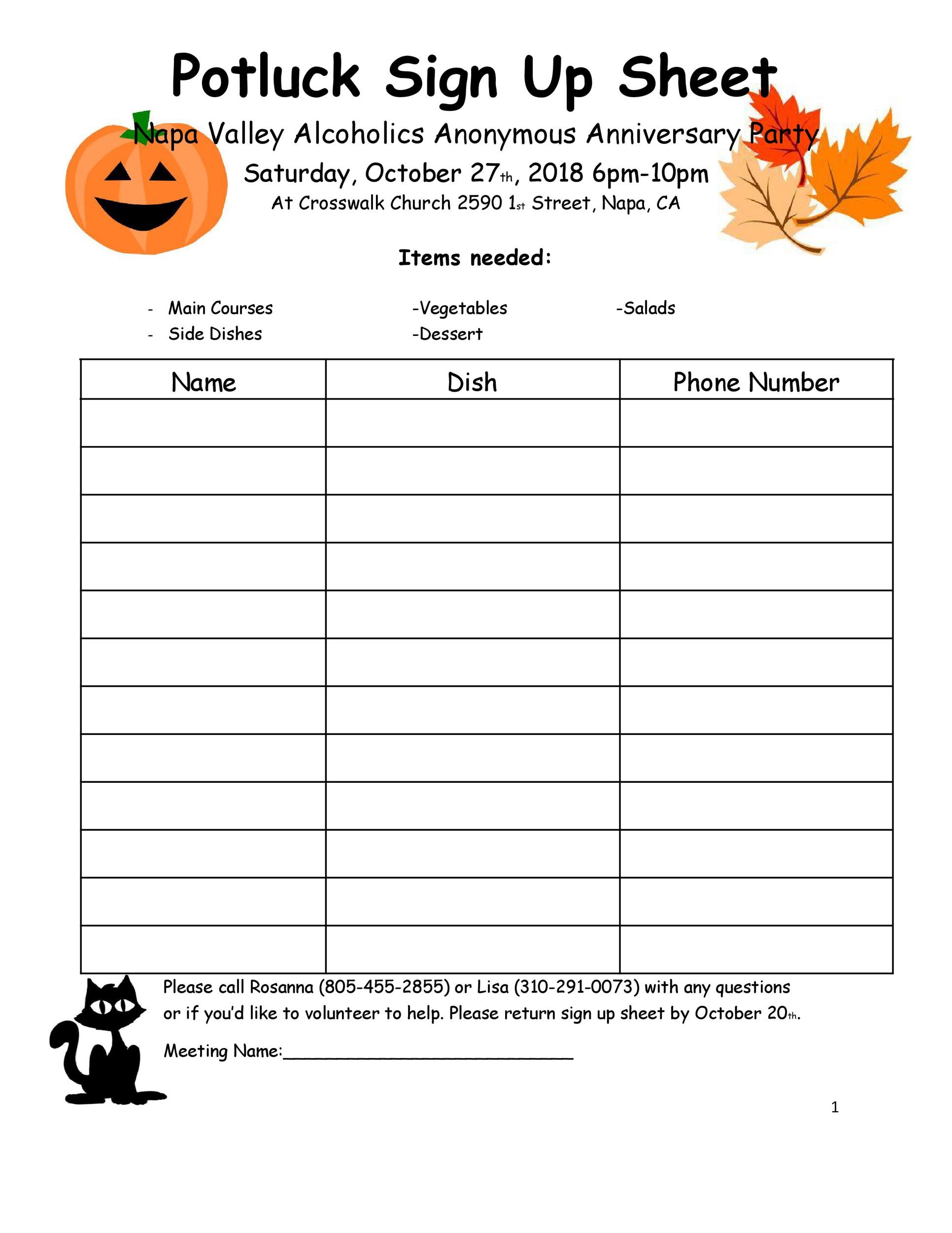 Example of Printable Potluck Sign up Sheet Template