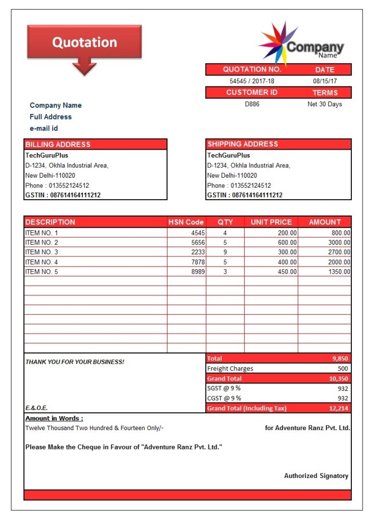 Example of Printable Price Quotation Template