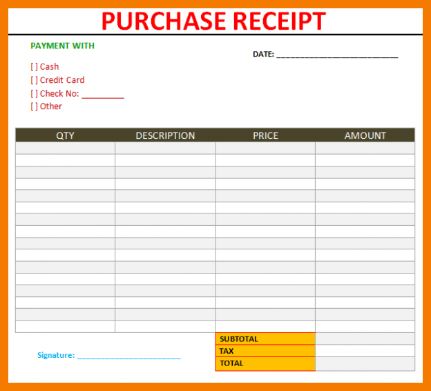 Example of Printable Purchase Receipt Template