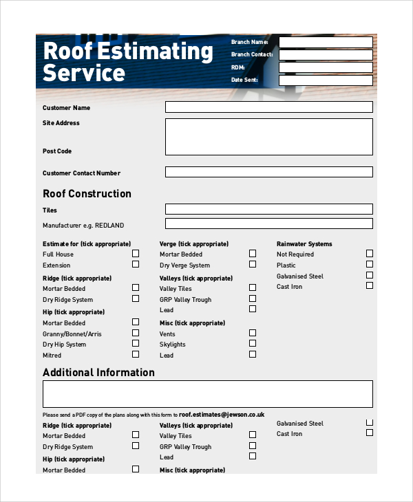 Example of Printable Roof Estimate Template