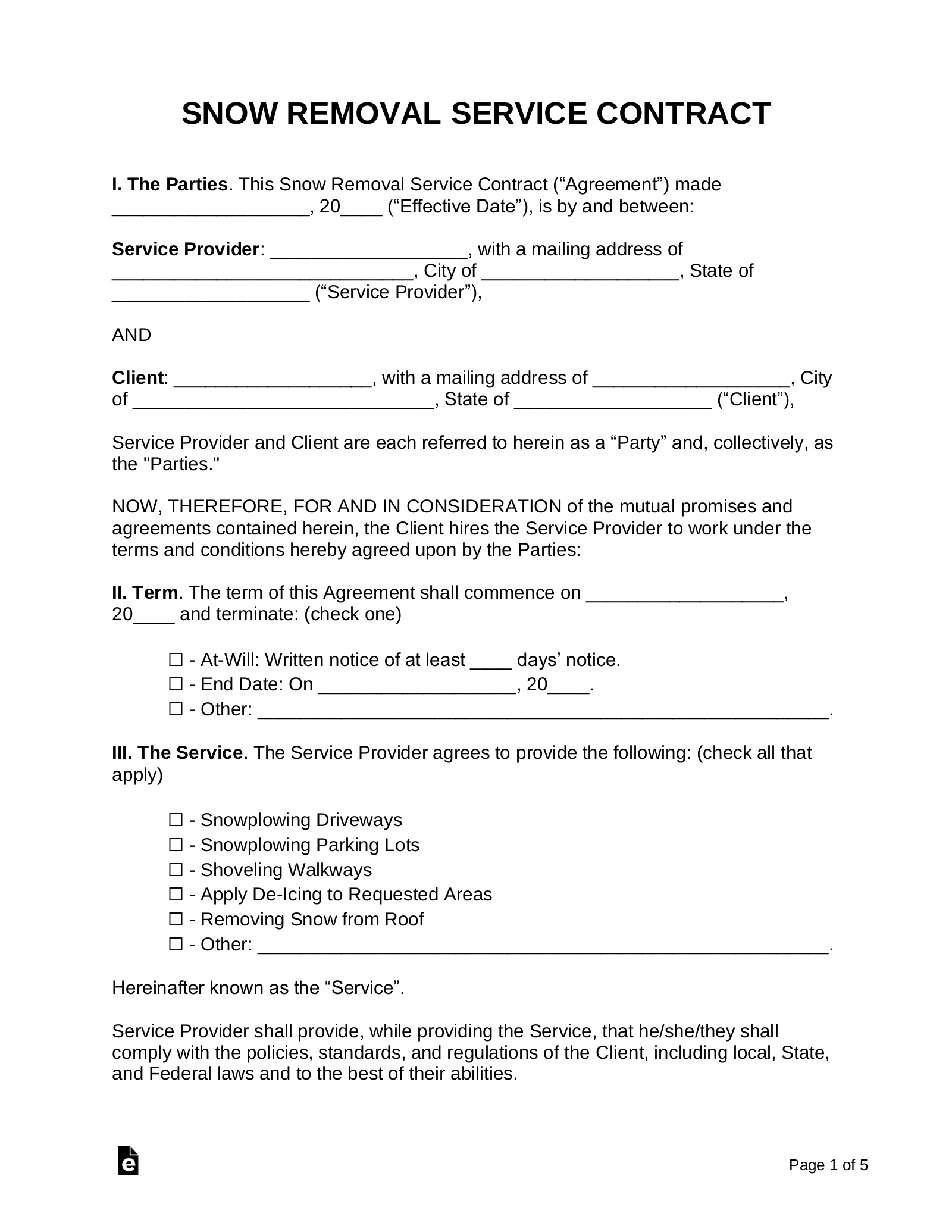 Example of Printable Snow Removal Estimate Template