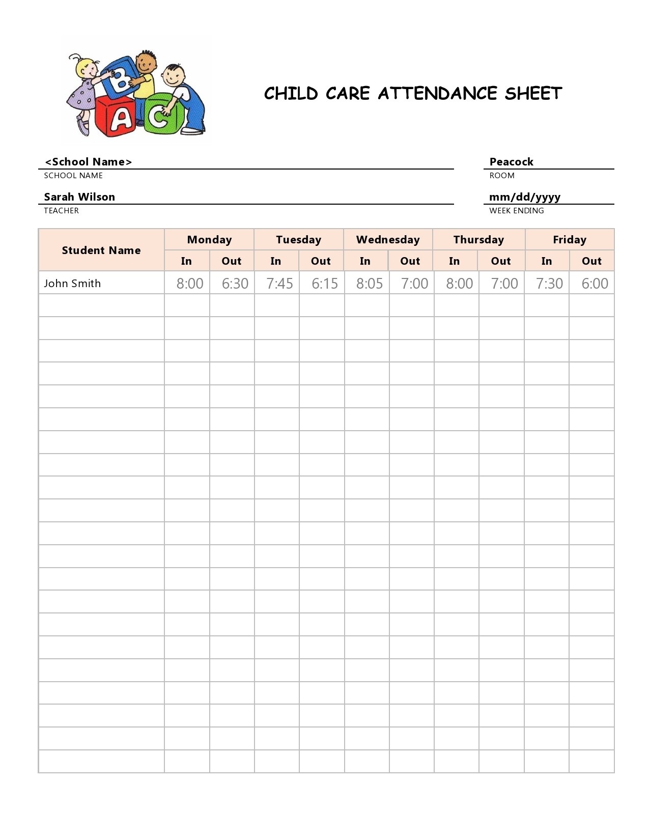 Example of Printable Staff Count Sheet Template