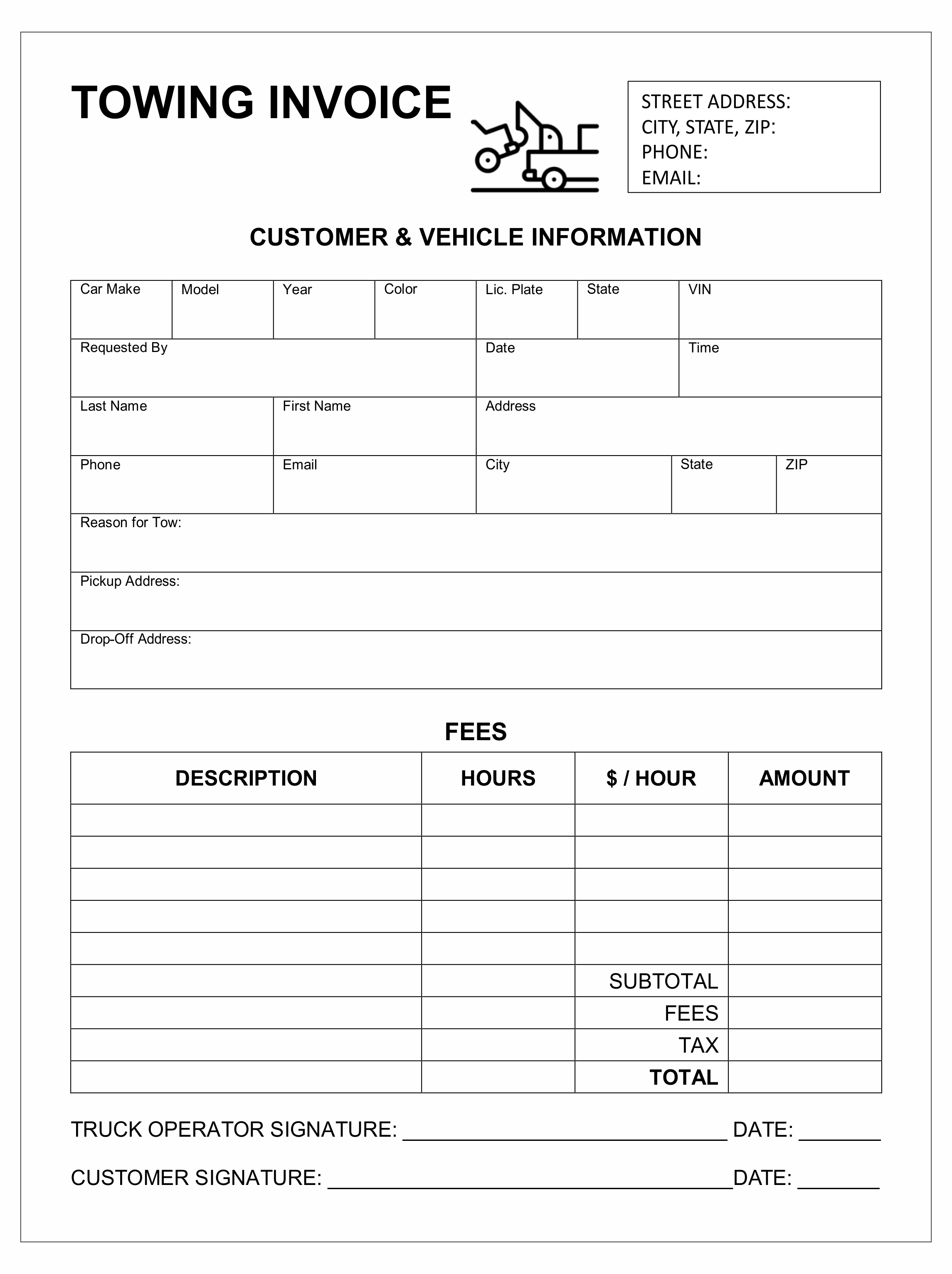 Example of Printable Towing Receipt Template