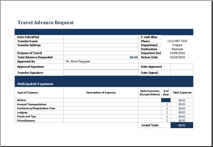 Example of Printable Travel Advance Request Form